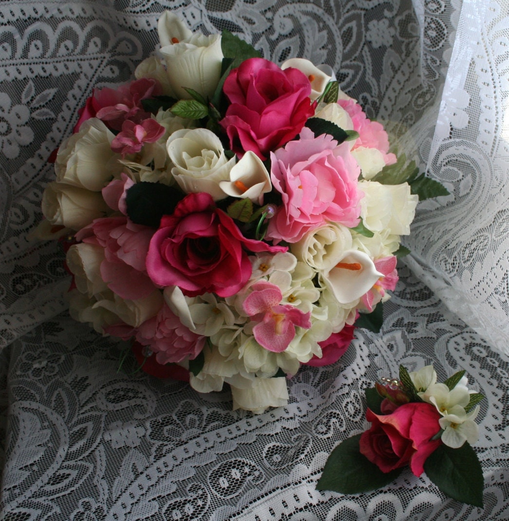 Pink Bridal Bouquet and  Boutonniere Set  -  Roses, Peonies, Orchids - Romantic Wedding -  Rose Bouquet
