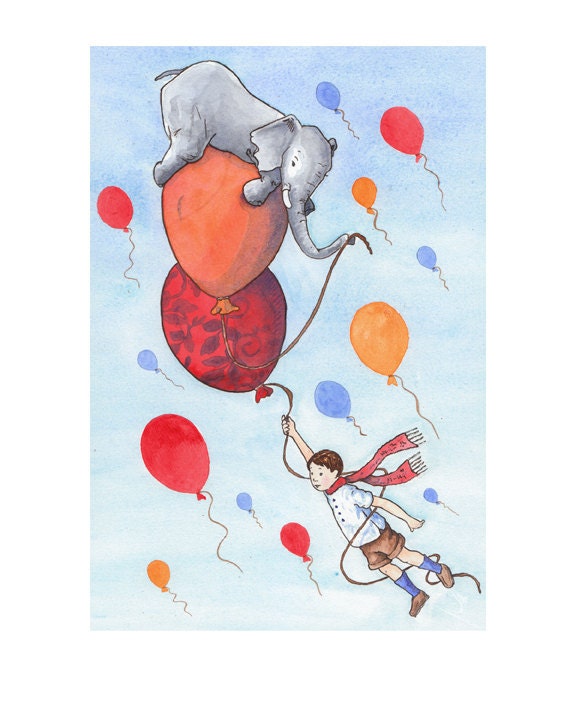 Elephants can fly: Nursery Art Print - Children's Art - Boy's Room - Home Decor - Elephants - Balloons - Flying  - 8 X 10