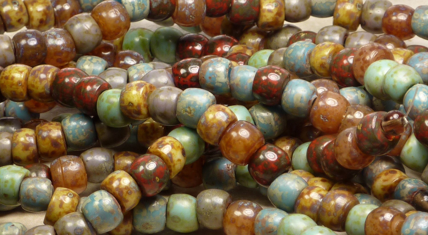 9mm Opaque Bohemian Picasso Mix Glass Bead 7 Inch Strand (A124)