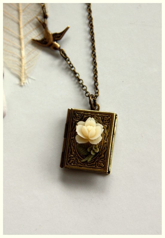 A Tiny Rose Flower Librarian Book Locket Necklace. Book Worm. Love to Read. For Daughter Mom. Book Lover. Library. For BFF. Valentine Gift.