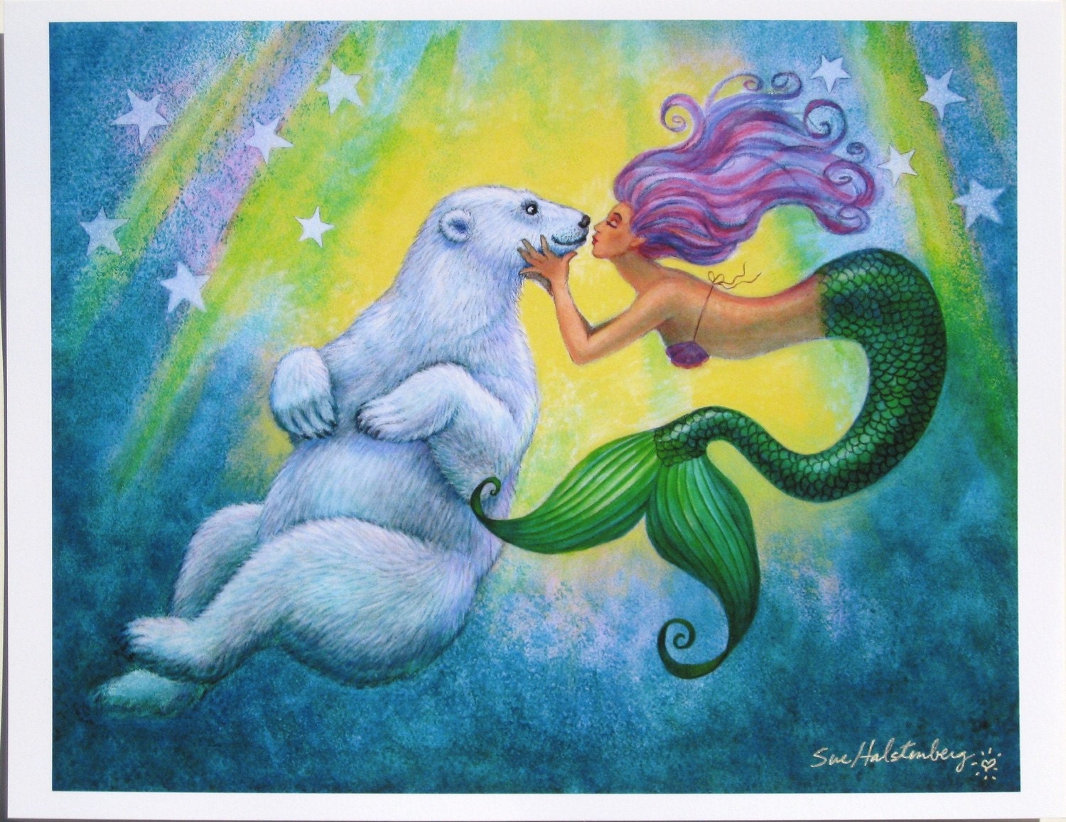Mermaids Polar Bear Kiss mermaid art poster fantasy print of whimsical painting