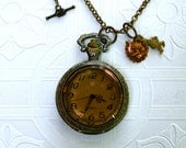 Antique Brass Wonderland Pocket Watch Locket Pendant Set  with earrings