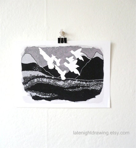A Peaceful Flock Of Birds / Dark Mountain Print 8x12'