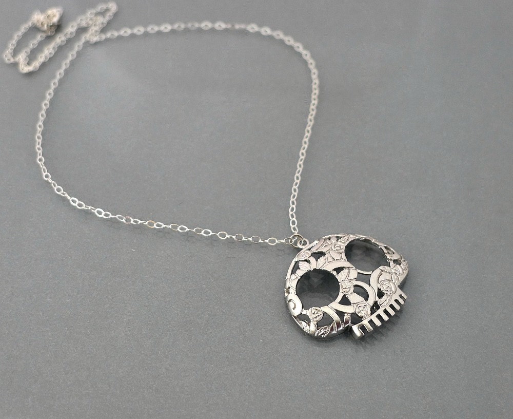 Silver Skull Necklace, flower skull charm pendant, sterling silver chain jewelry, halloween, day of the dead, by balance9