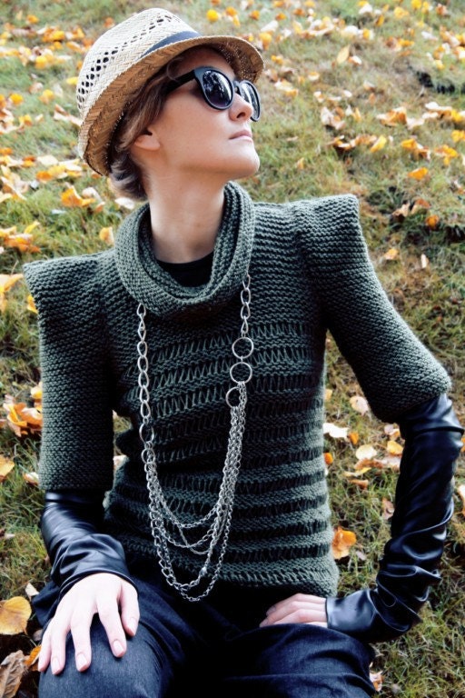 Hand knit SPRING/SUMMER olive green military elegant women fall fashion sweater modern triangle origami forest green winter /Khaki Chic 2/