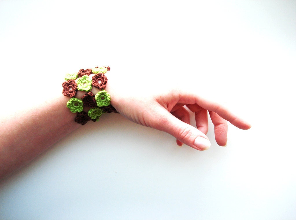 Crochet Bracelet, Crochet Flowers, Spring Green Chocolate Brown