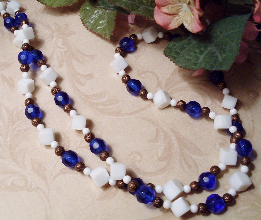 White Jade and Royal Blue Glass Long Necklace