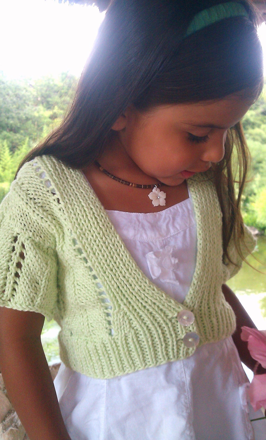 The Jasmine Knit Cardigan / Shrug / Sweater pattern pdf, girls, flower girls, lace openwork, short sleeves, spring, summer, green
