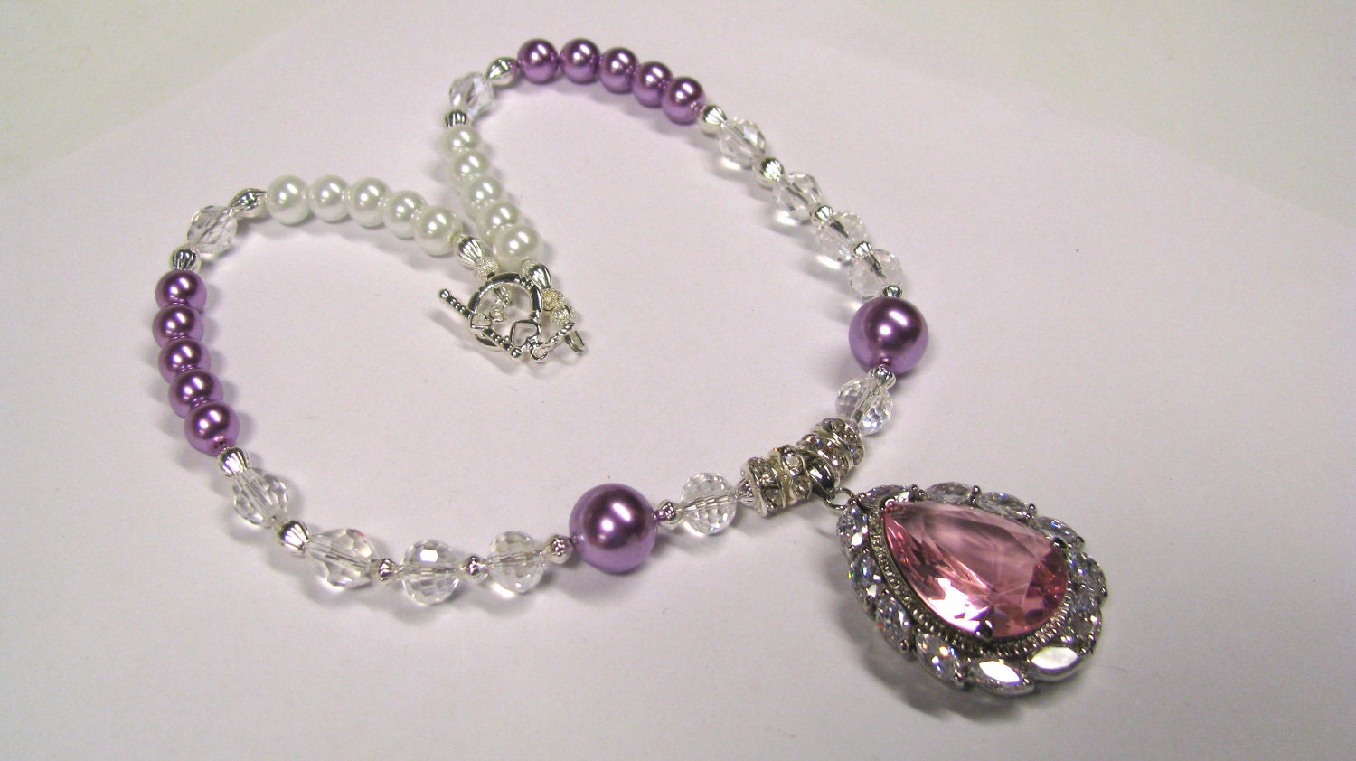 OOAK Huge Pink Tear Drop and Marquise Crystal Rhinestone Pendant with White & Purple Faux Glass Pearl Necklace, Silver Tone, Bridal jewelry