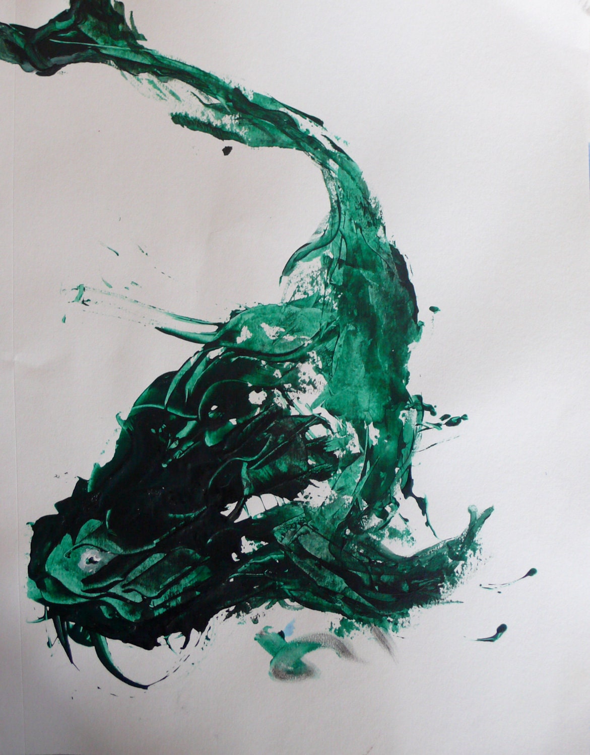 Green whale fish art print -  8x10 Catfish illustration- "Dive Deep"