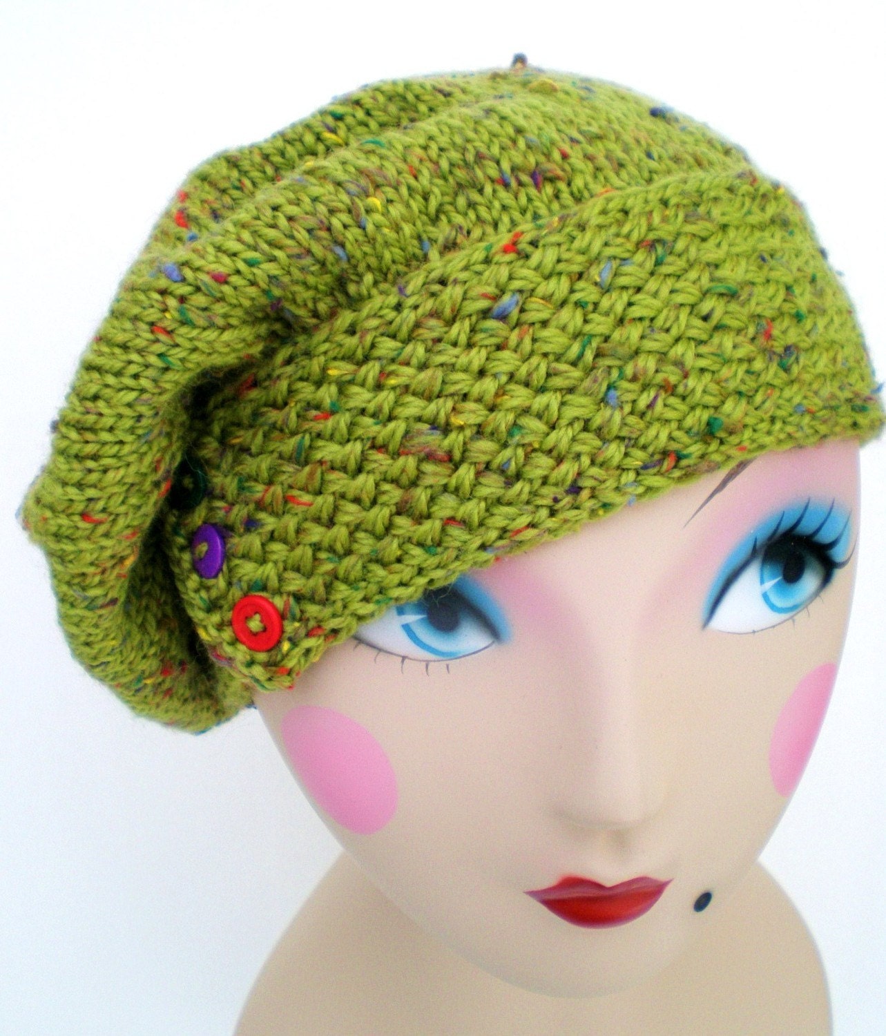 Women Knit Tweed Wool Hat / Beret / Beanie / Cap - Speckled Lime