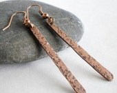 Hammered copper earrings, dangle stick, hand forged