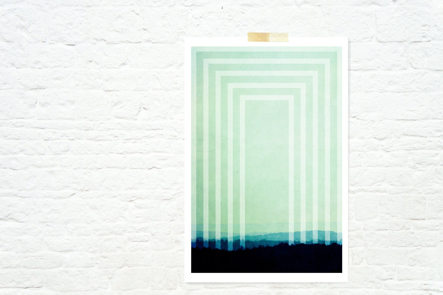 Art Deco Geometric art print landscape home decor jade teal inky blue mint green - in a mist