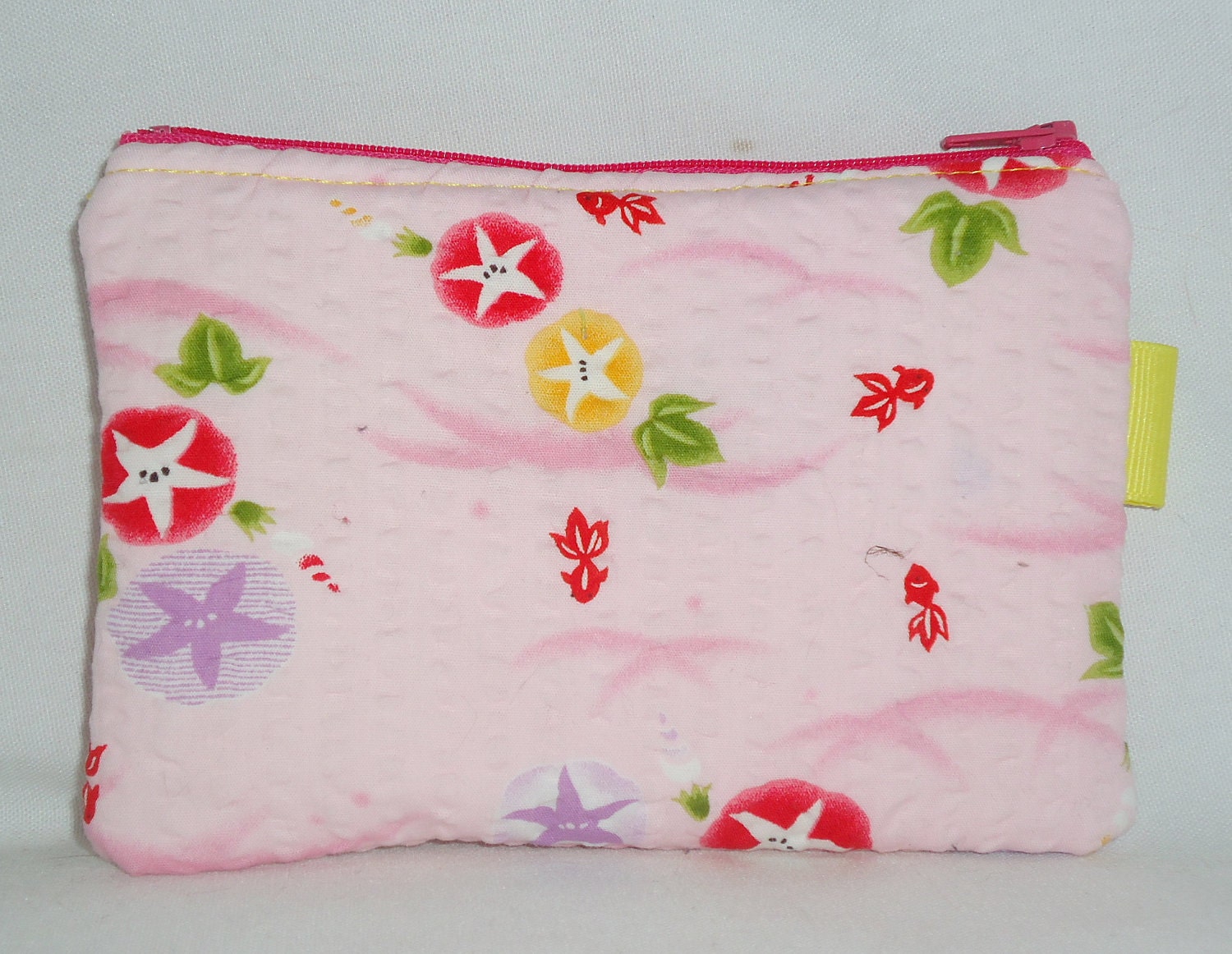 Koi Fish and Morning Glories Zippered  Pouch --- Pink Padded Cosmetic Case/Change Purse/Card Holder