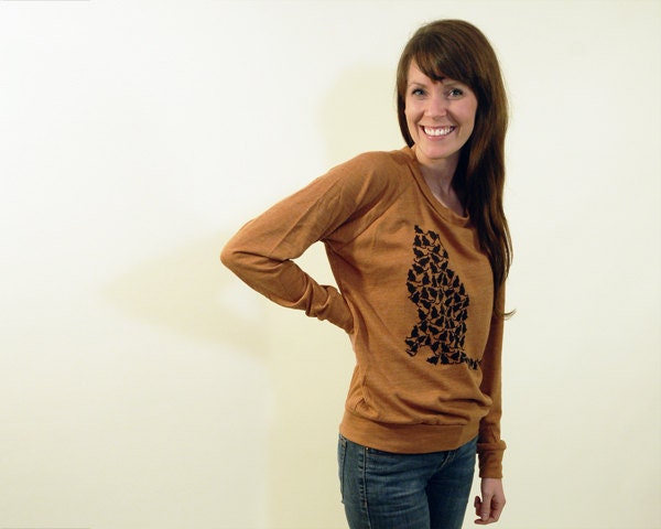 Kitty Womens Pullover, Slouchy Top, Screenprinted, Cat Silhouette