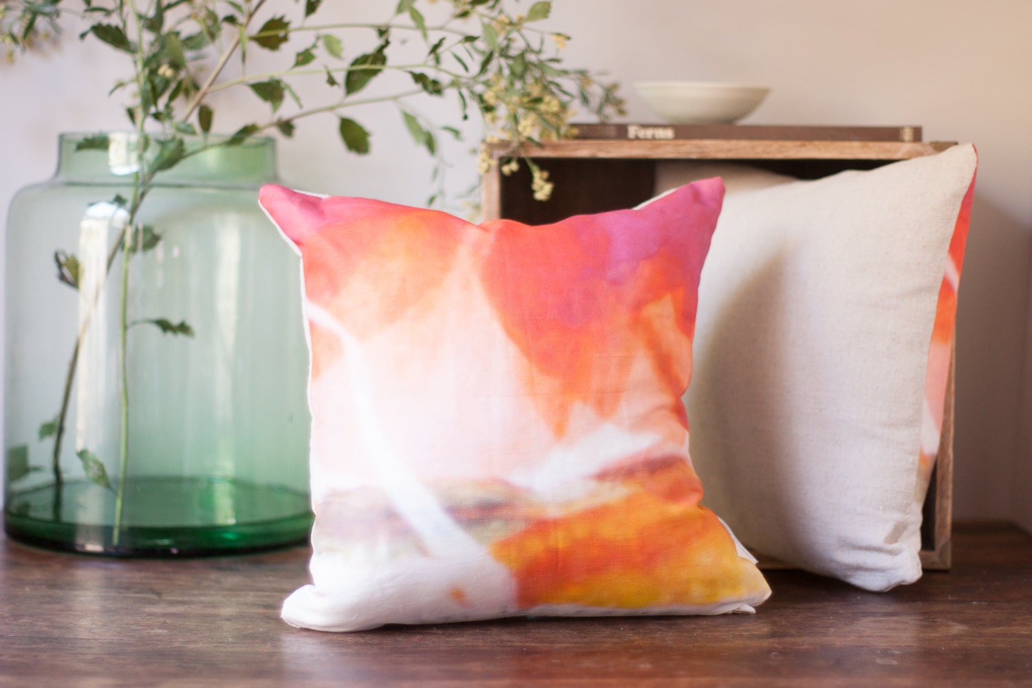 Brightly Colored Neon Watercolor Pillow in Coral & Nectarine