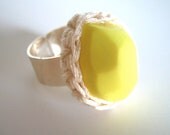 Neon Yellow Geometric Ring with Crochet Bezel by Even Howard. Adjustable wide band easily fits 7-10. Chunky Cocktail ring.