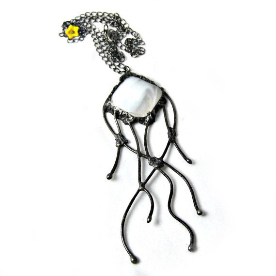 White Fused Glass Tentacle Pendant: handformed copper