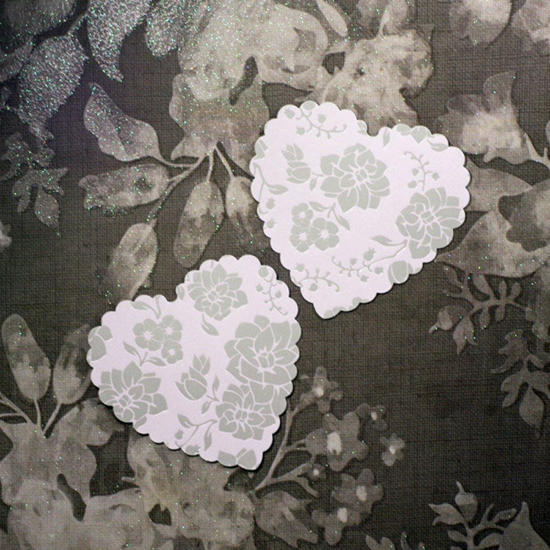 Set of 24 Scalloped Wedding Hearts Decorations hand punched flower paper hearts for gift tags or confetti.