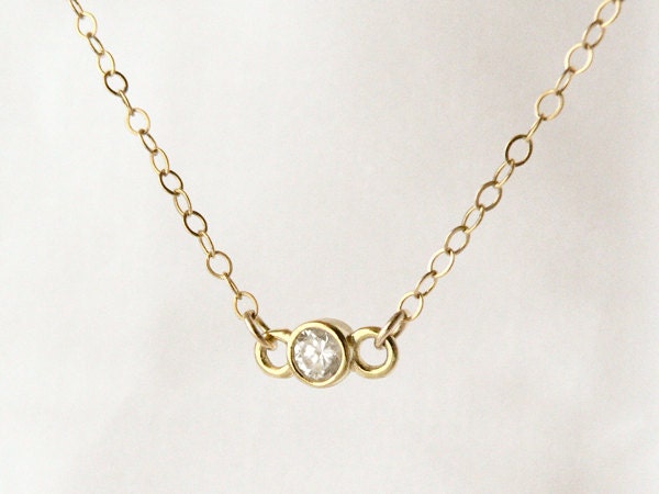 tiny gold necklace - tiny crystal necklace - gold bezel set solitaire cz diamond necklace - glimmer by windowsill