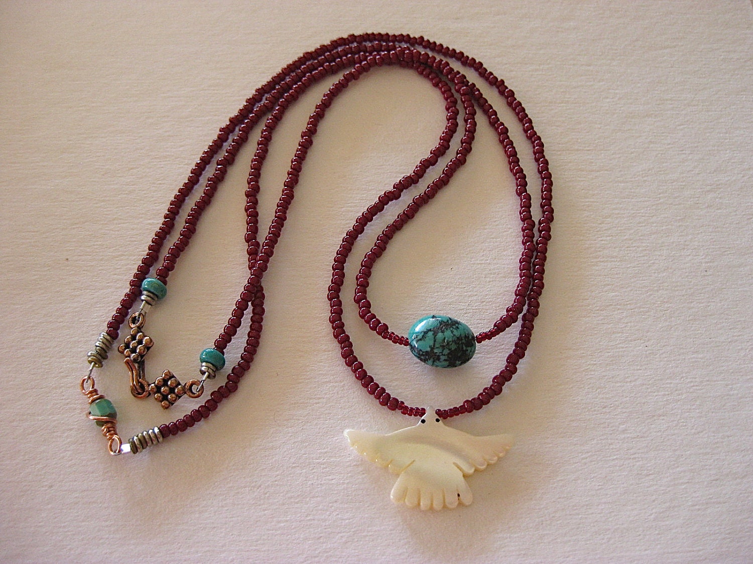 Turquoise and Red Seed Bead Necklace Beaded Jewelry Layering Simple Necklace Copper Clasp Boho
