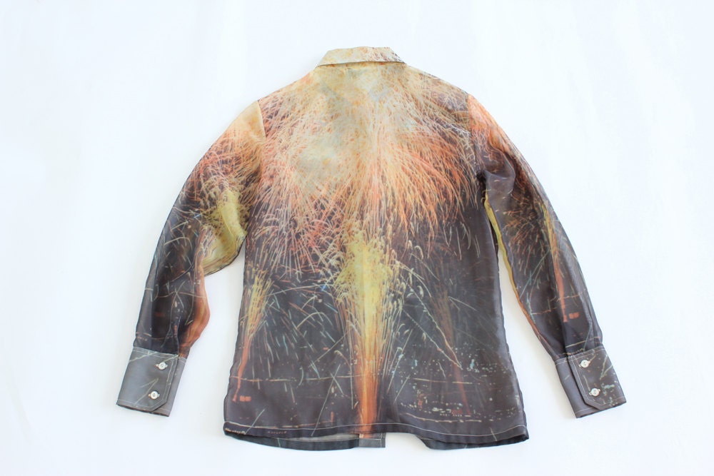 vintage 1970's photo realistic SHEER FIREWORK print blouse