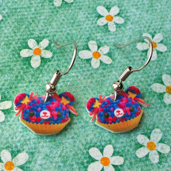 Amigurumi Kingdom Colorful Cupcake Bear with Butterflies Dangle Earrings