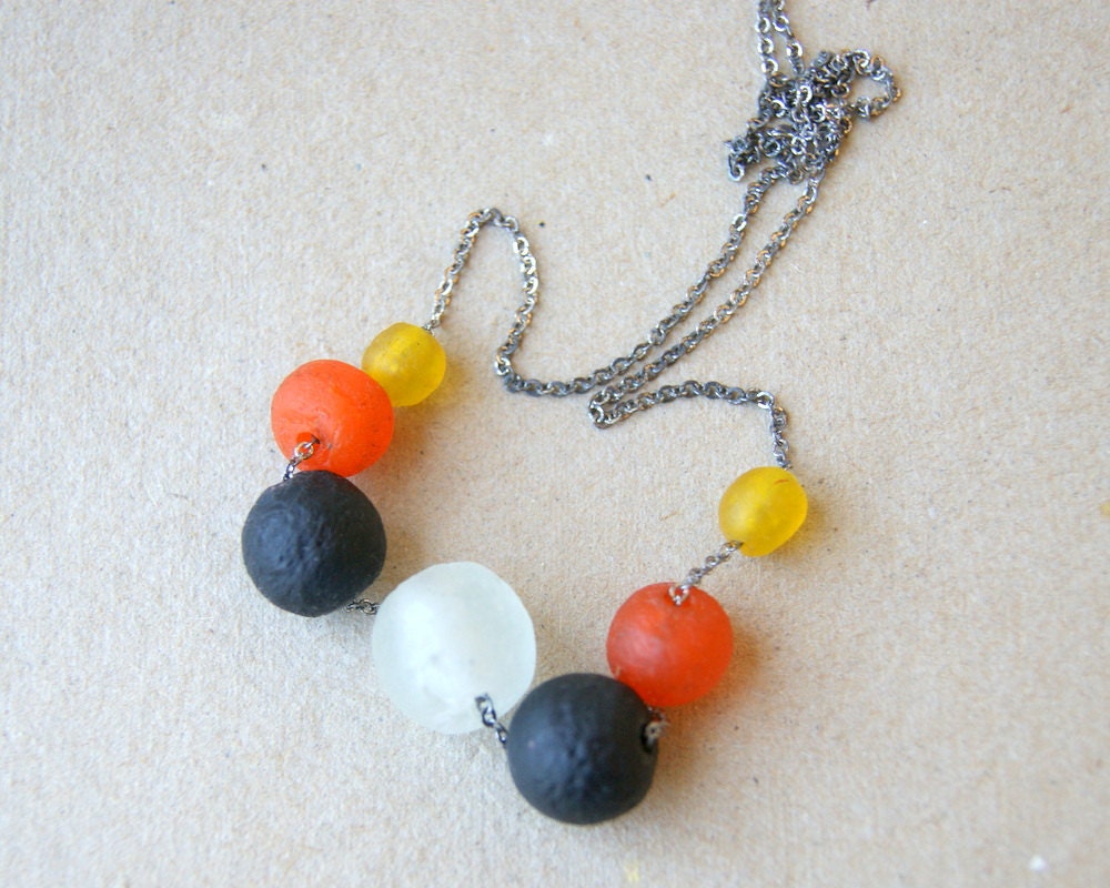 Recycled Glass Necklace, orange, white, yellow, black, vintage silver plated chain, eco fashion