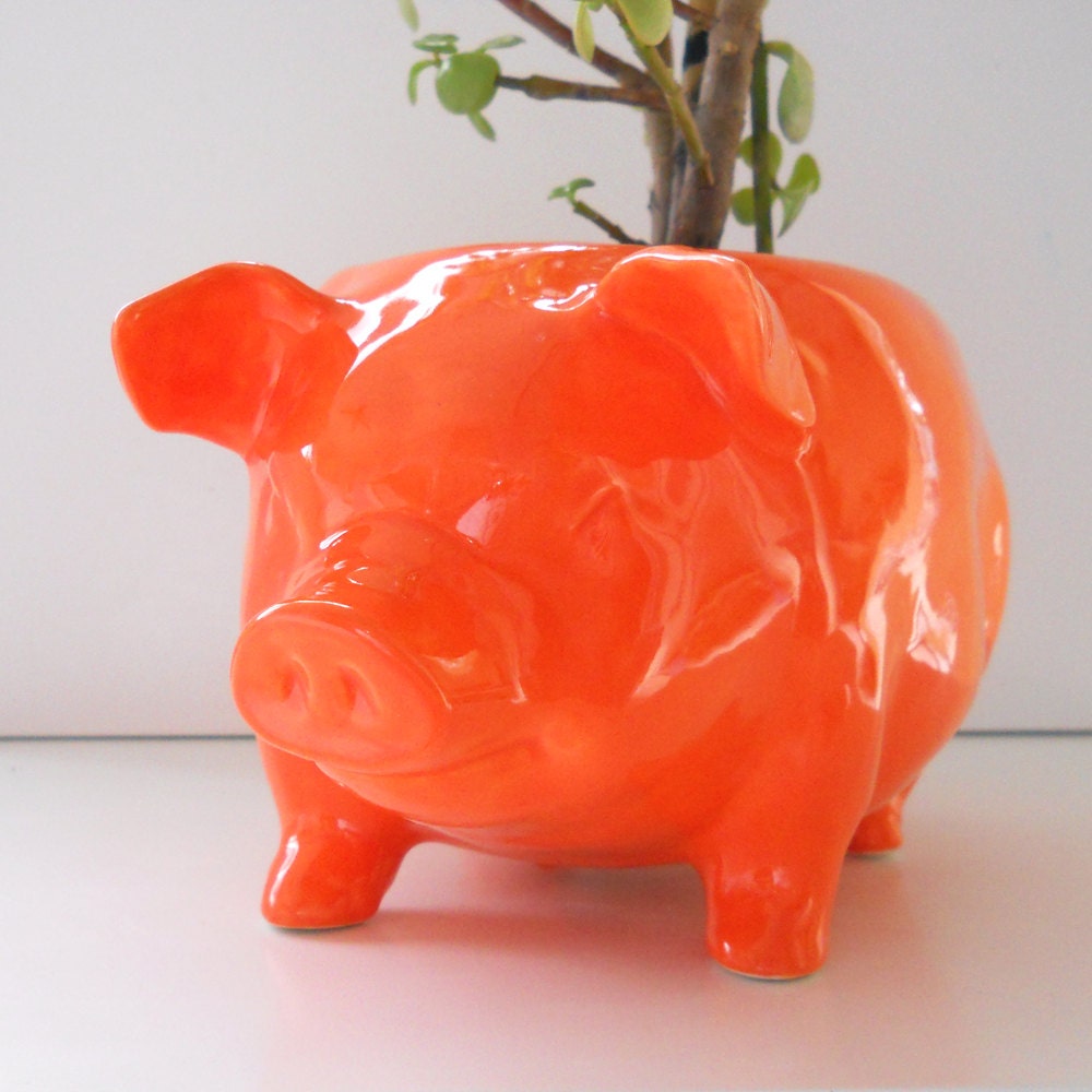 SALE Ceramic Large Pig Planter Vintage Design in Orange