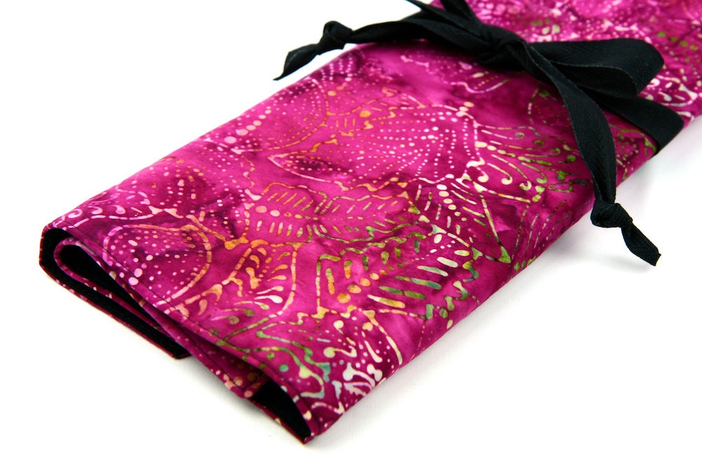 Knitting Needle Case Organizer Large - Pink Batik with Leaves - Art Tool Organizer with 30 black pockets for circular, straight, dpn,