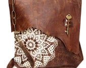 Boho Leather Messenger Bag with Crochet Lace & Antique Key - XL Deluxe MADE to ORDER