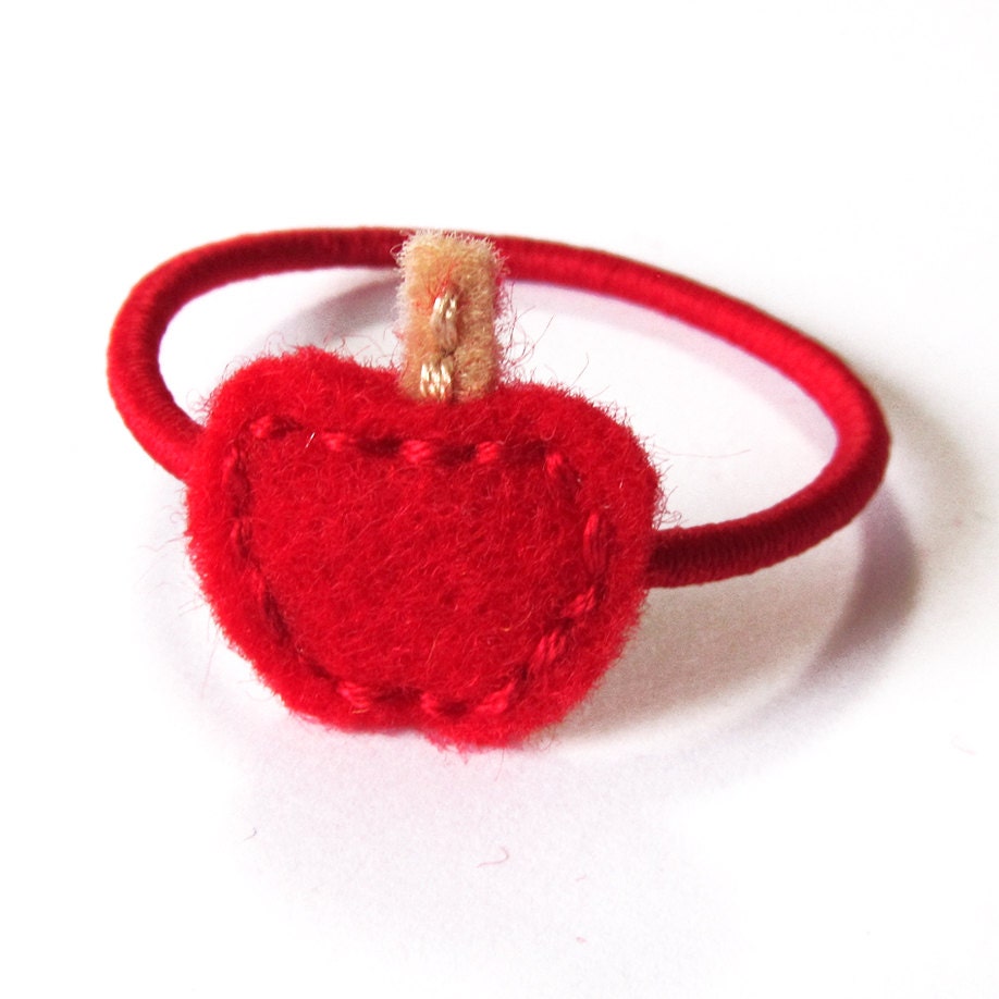 red apple hair elastic - hand sewn felt ponytail holder