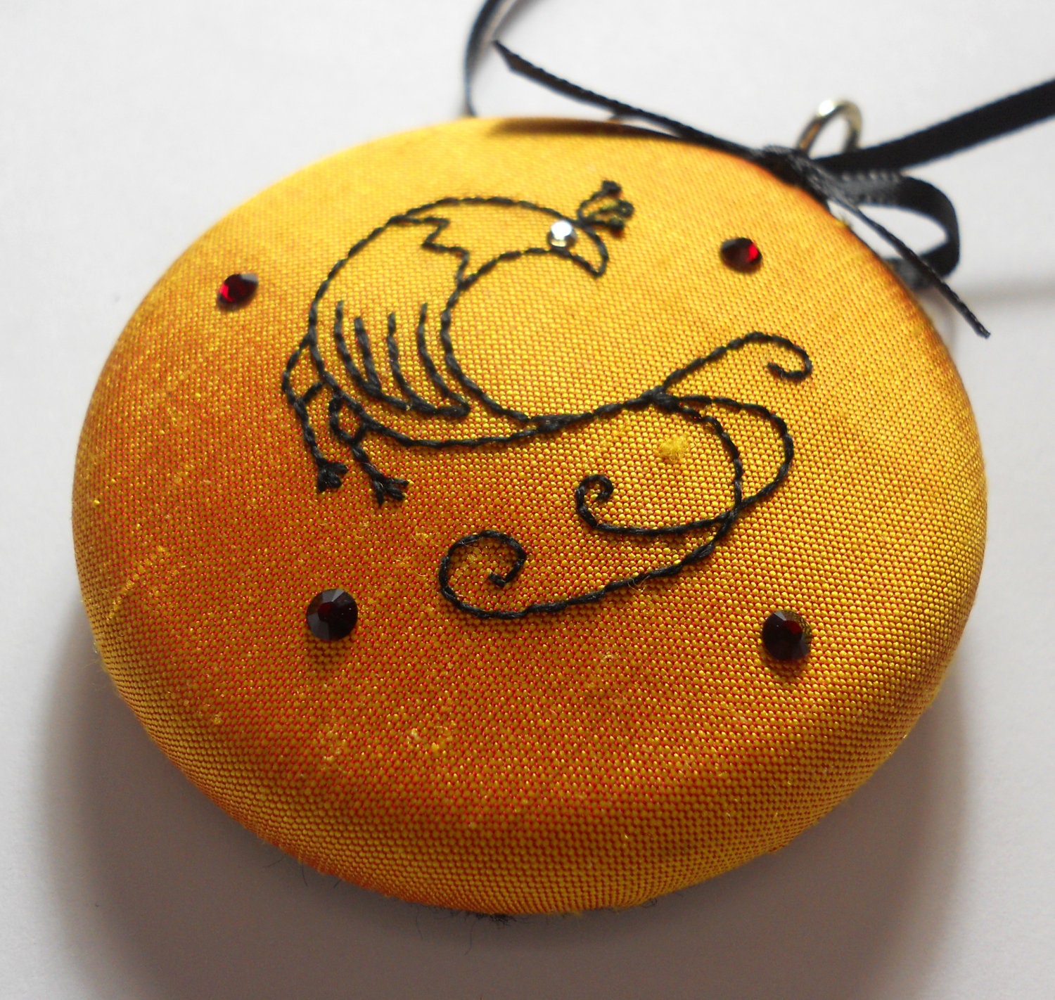 Sunset Orange and Black Paradise Bird Crystal and Silk Christmas Tree Decoration Ornament Bauble