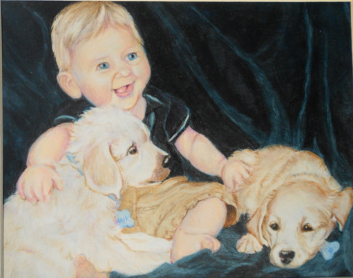 Custom Baby Boy Portrait from photos - 11 x 14 of Child and Dogs, original, full of personality by Robin Zebley