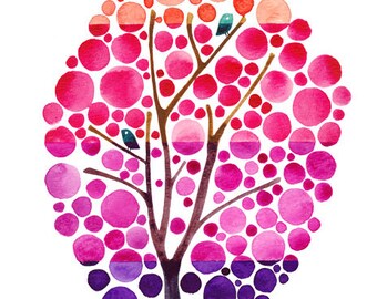 Watercolor Tree Artwork Sunset Ombre Tree Art Print Pink Girly Wall Art and Decor