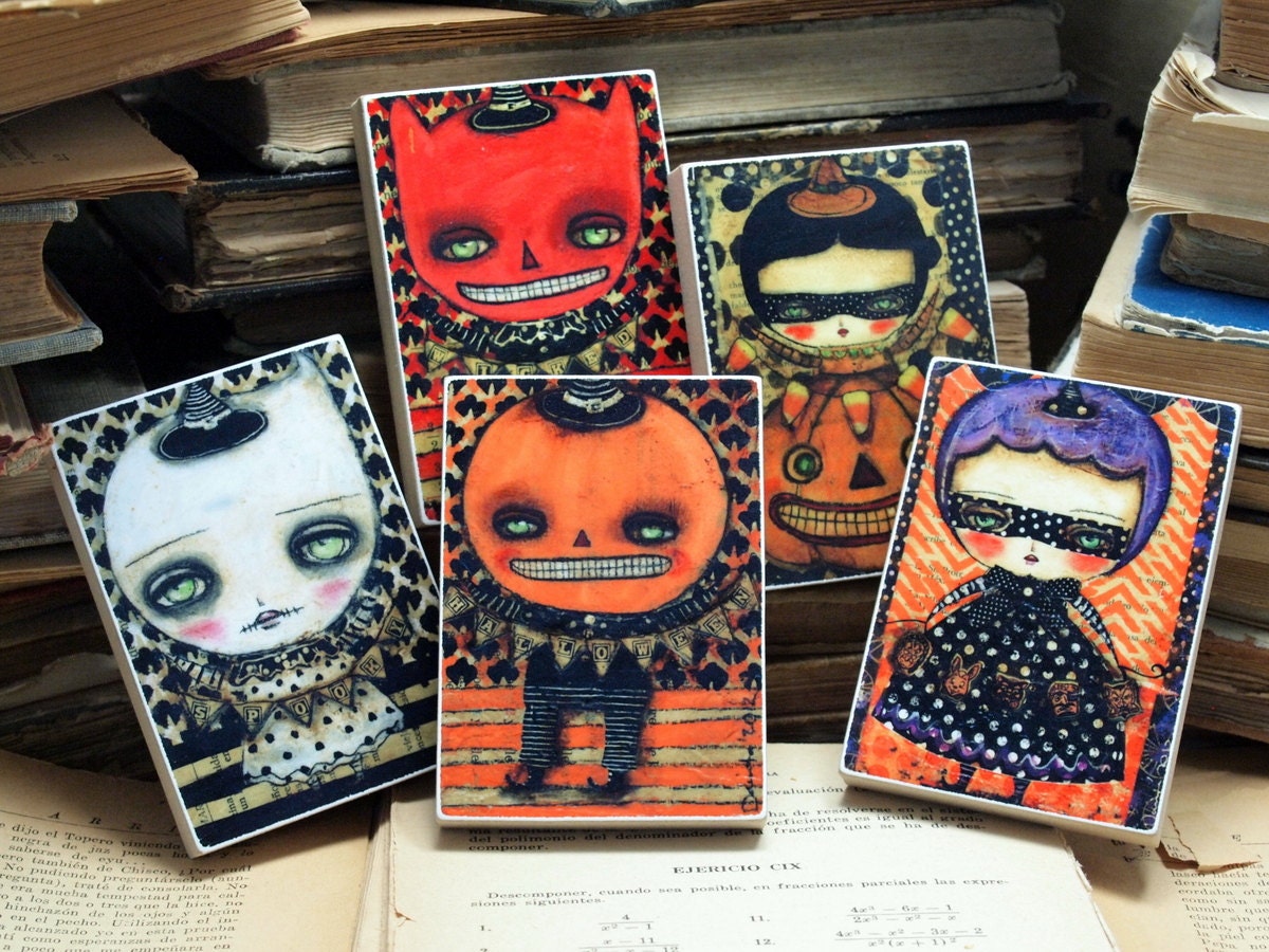 Mischievous Friends - Halloween ACEO Giclee Collection Of Reproductions Mounted On Wood Block by Danita Art (2.5  x 3.5 Inches Print)