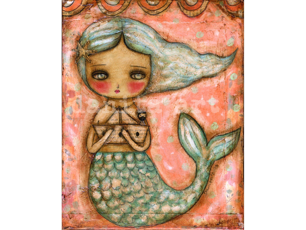 Another Great Catch  - Giclee Reproduction from Original Mixed Media Mermaid Collage Painting By Danita Art - (8x10 INCHES Paper Print)