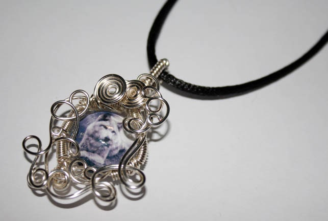 Wire Wrap White Wolf Photo Pendant with Necklace
