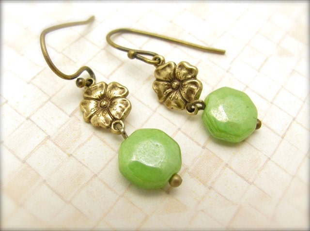 Lime Earrings Vintage Glass Green Luster Petite Flower Dangle Antiqued Gold Hawaii Beads