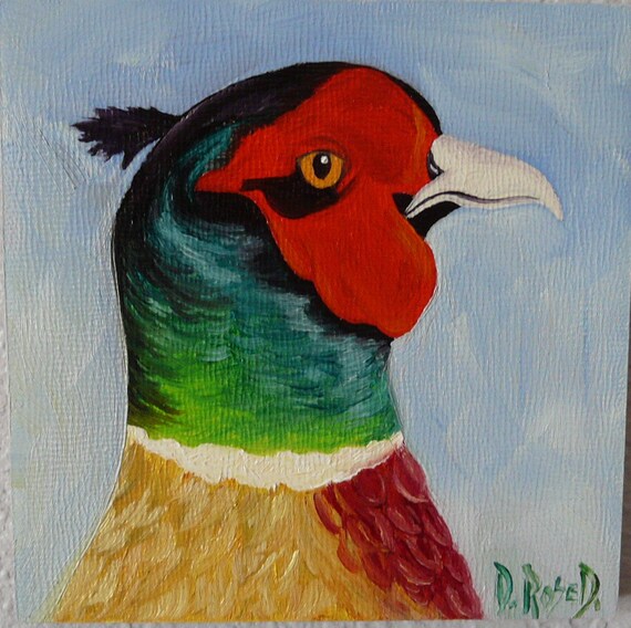 Ring-Necked Pheasant  4x4 inch original oil painting
