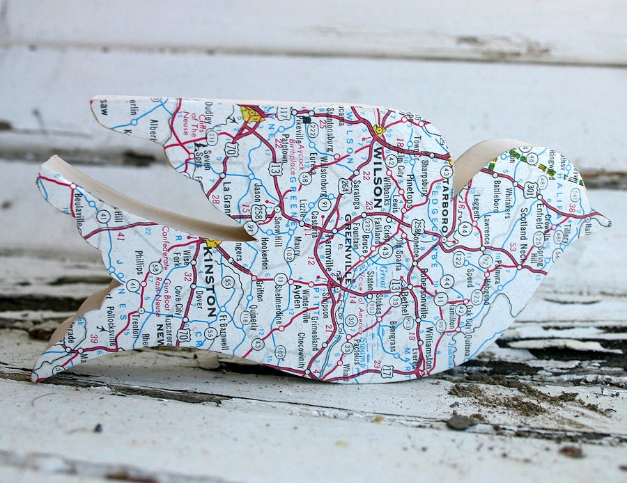Birds of the World wooden bird with vintage North Carolina map