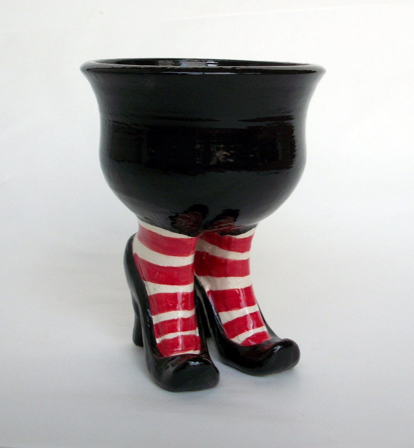 Black Ceramic Sex Pot with High Heels and Striped Stockings