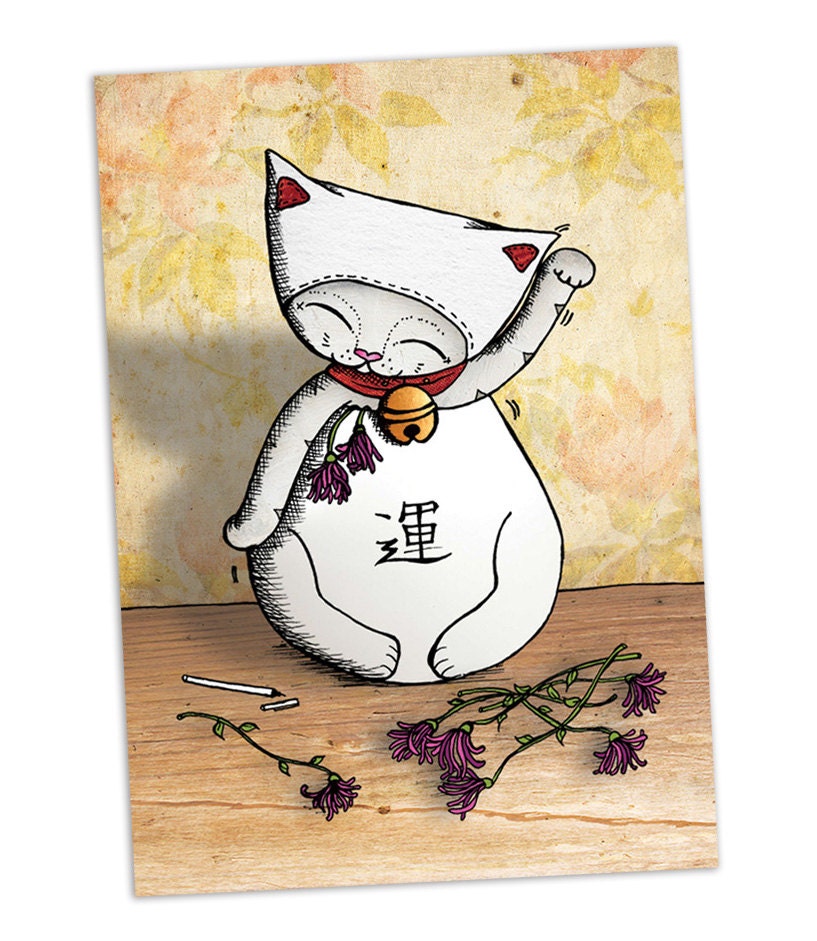 Cat Greetings Card -  Japanese Lucky Maneki neko - christmas birthday