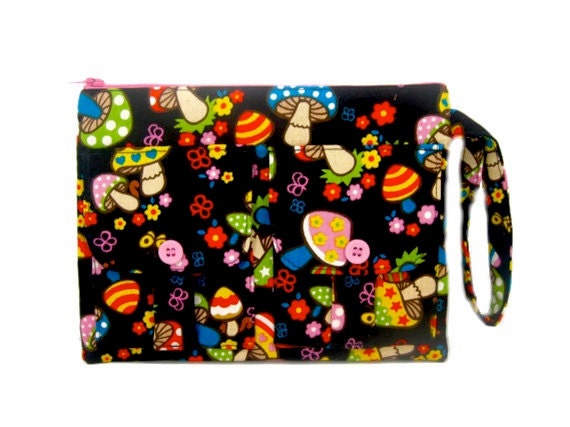 Wristlet Wallet  - Groovy Mushrooms Black Dorothy Wristlet, Zipper Pouch
