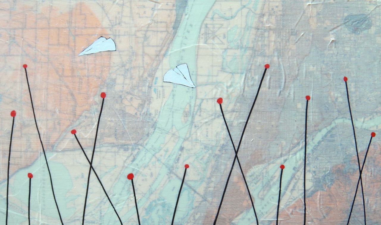 Portland - Original Map Painting 9 x 15 - Paper Airplane Art