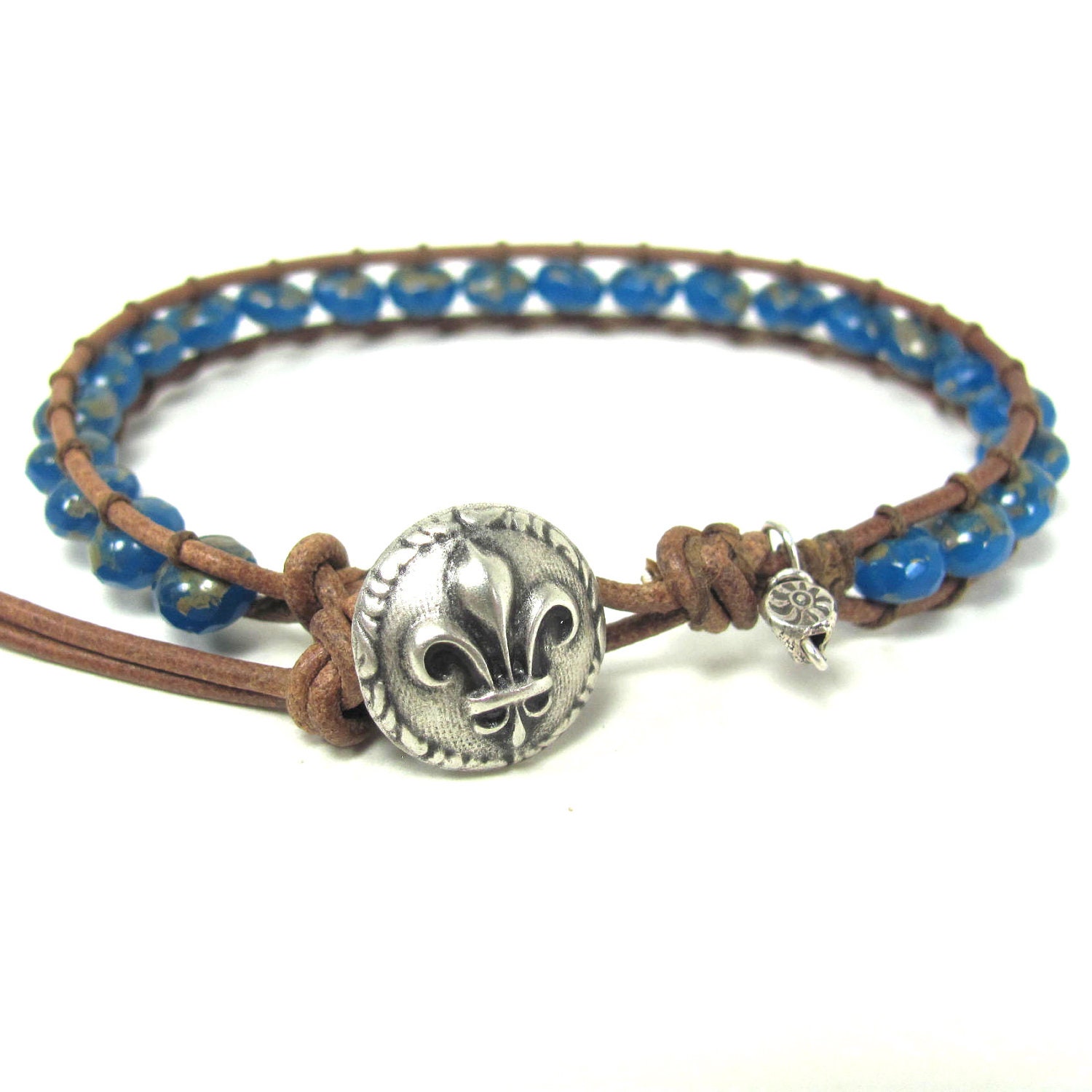 Brown leather, wrap, layer, Boho, Czech Glass, Hill Tribe Fine Silver, Bracelet