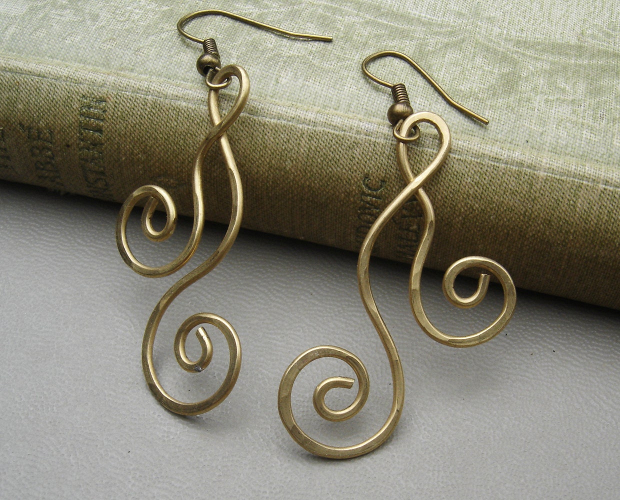 Brass Swirl Dangle Earrings - Dancing Double Swirl Curl Spirals - Metal Wire Jewelry - Women - Brass Earrings