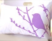 Lavender Purple Print on Off-white Bird on Cherry Blossom Pillow