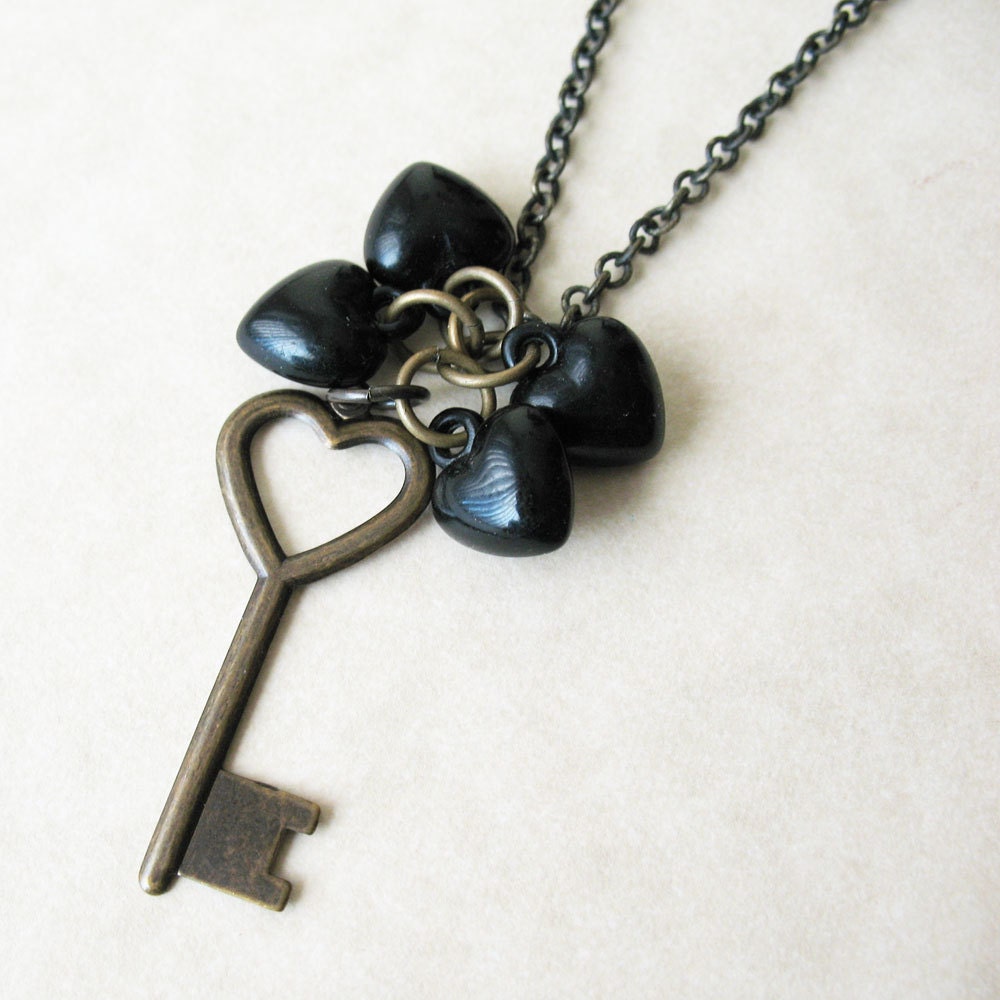 Black Hearts Cluster Key Necklace Antique Brass - Gothic Victorian Vintage Inspired FREE US SHIPPING