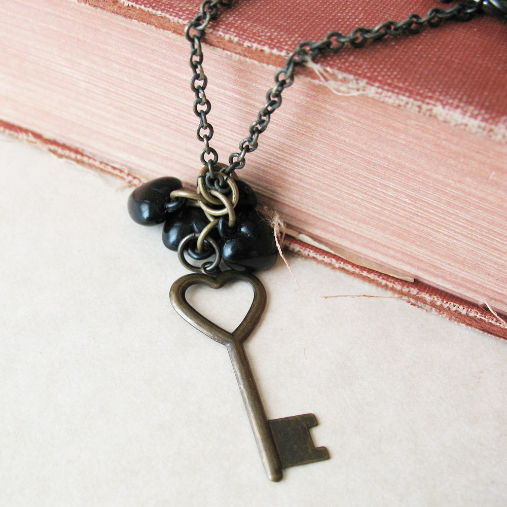 Black Hearts Cluster Key Necklace Antique Brass - Gothic Victorian Vintage Inspired FREE US SHIPPING